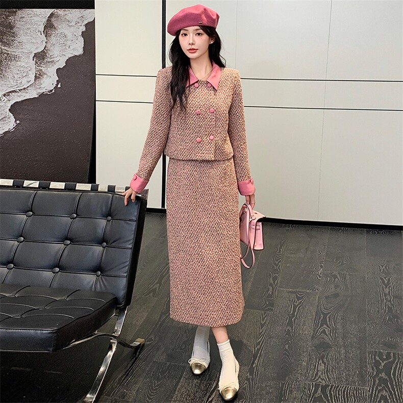 2024年秋冬季新款法式时尚小香风套装长裙两件套含15毛，女装套装/套裙，超帛
