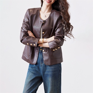 小香风皮衣外套女春秋2024新款小个子气质短款圆领机车皮夹克上衣图片