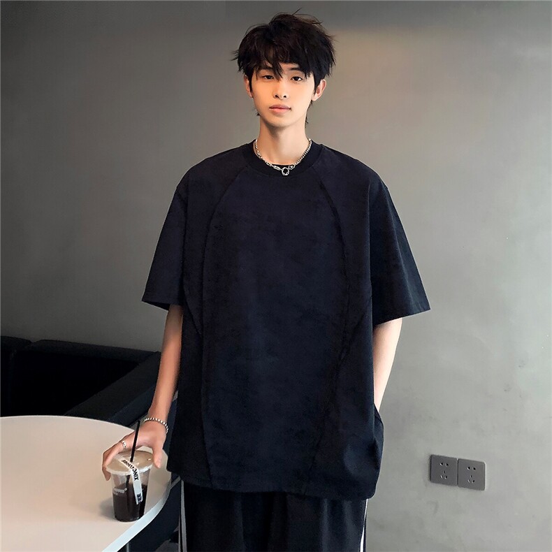 高级街头吊染拼接时尚潮牌休闲复古宽松重磅短袖T恤T806-P38图片