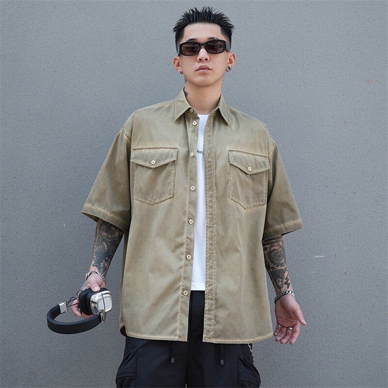 美式工装衬衫短袖夏季宽松纯棉脏染衬衣男A436-0629-P5578,男装衬衫,电商A436