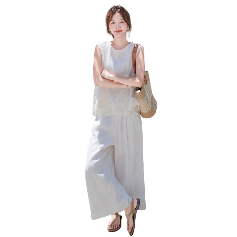 韩版蕾丝花边背心套装女2025年夏季新款休闲显瘦通勤阔腿裤两件套,女装套装/套裙,2C168