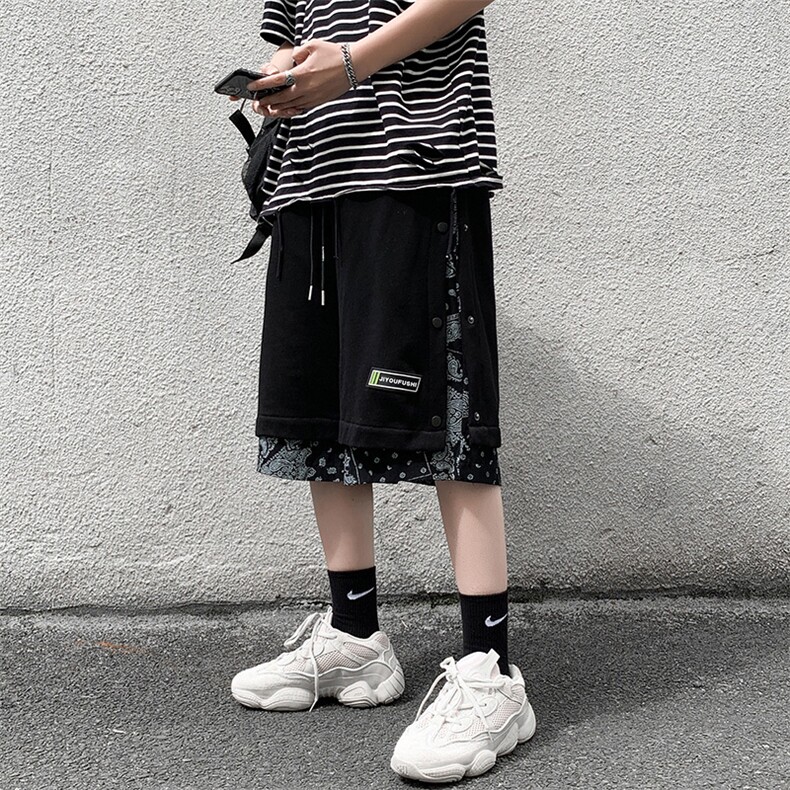 腰果花排扣裤子高街ins潮流帅气假两件五分裤男夏季薄款d80-p28图片