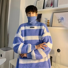 wassuphappy水貂毛高领毛衣男士冬季潮牌加厚条纹保暖针织衫外套，男装针织衫/毛衣，星座1008-1