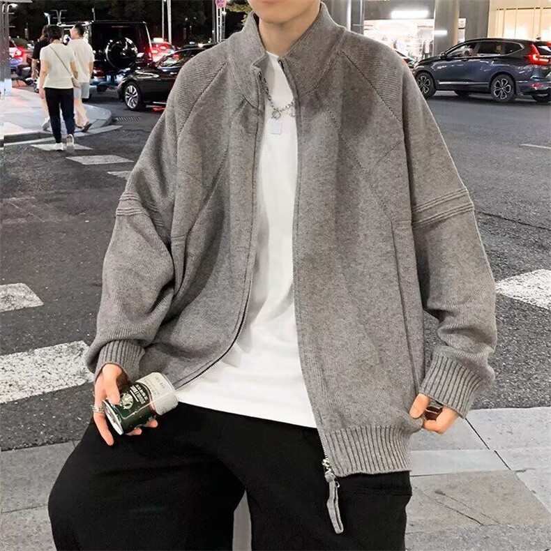 大量现货男立领毛衣拼接条纹宽松针织衫休闲双拉链外套M231P60,男装针织衫/毛衣,星座1013-1