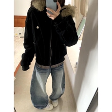 现货重磅boxy短款棉衣座山雕大毛毛领男女棉服水洗工装厚外套，男装棉衣，电商A486-1