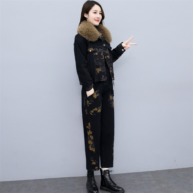 2021冬季新款加厚保暖复合毛绒牛仔印花两件套显气质款0998，女装套装/套裙，欣品汇