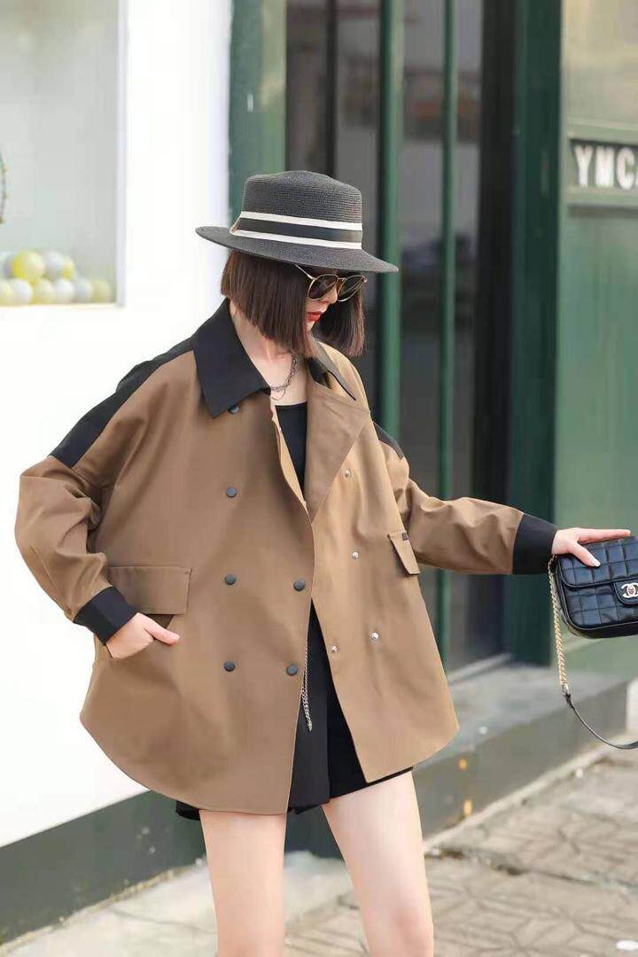 撞色拍接风衣外套，女装风衣，简妮依魅