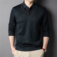 秋季新款加绒假两件长袖T恤男衬衫领潮流中年打底上衣HPN2188-P90,男装针织衫/毛衣,电商B212（原钱塘6029）