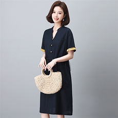 高级感休闲妈妈棉麻连衣裙女2024夏季新款收腰显瘦拼接衬衫领裙子，女装连衣裙，江忆布依