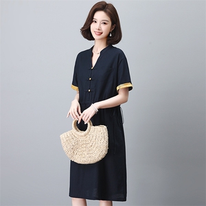 高级感休闲妈妈棉麻连衣裙女2024夏季新款收腰显瘦拼接衬衫领裙子图片