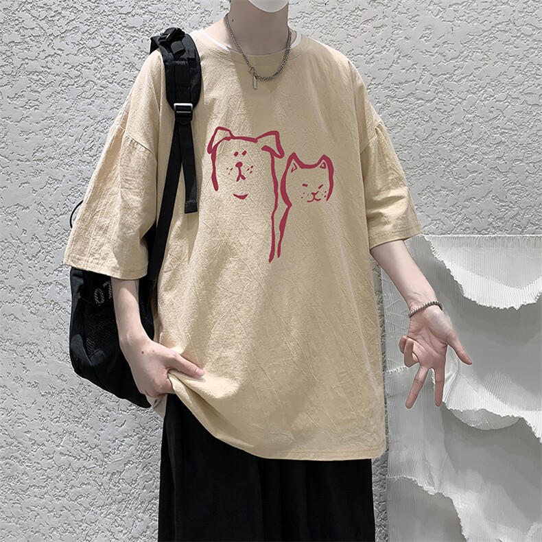 YT26378-P30亚麻短袖t恤男大码五分袖男宽松七分袖大皂风模特,男装T恤,电商A040