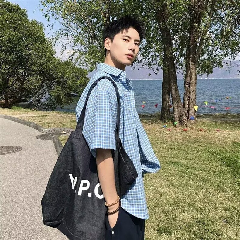 2025夏季新款日系复古格子衬衫男翻领薄款宽松半袖衬衣CSA52-P40,男装T恤,星座208-5