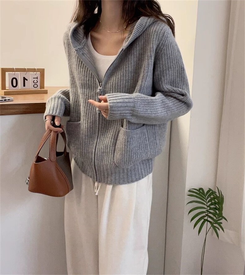 羊绒连帽针织衫女外穿秋冬拉链毛衣外套加厚宽松100羊毛针织开衫,女装羊毛衫,戎咖羊绒
