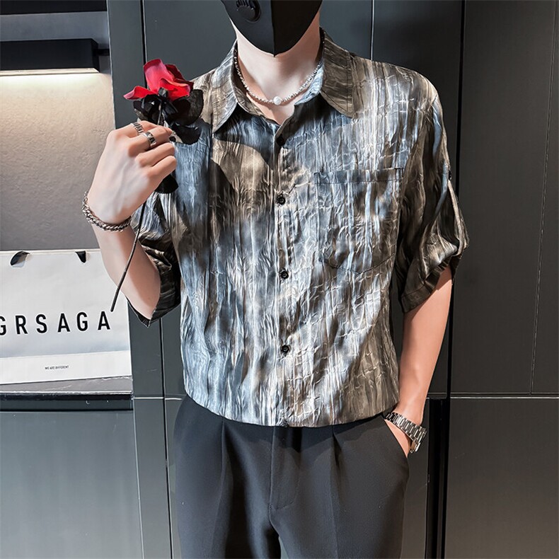小伙夏季男士七分袖扎染衬衫男休闲宽松衬衣A236-0853-特P35图片