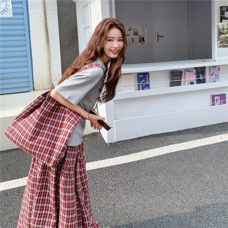 韩版印花短袖撞色格纹半身裙套装女2025夏季新款显瘦学院风两件套,女装套装/套裙,2C203
