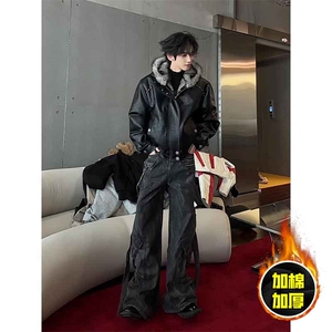 现货冬季美式潮牌痞帅PU皮机车服棉衣毛毛绒狼王座山雕皮棉服图片