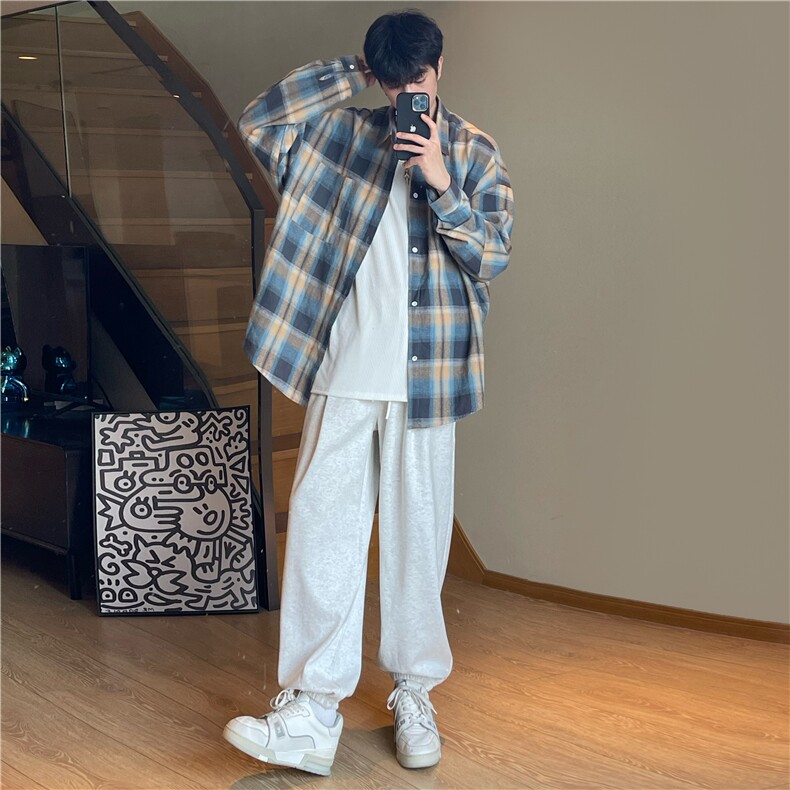 A450-CS999-P65控98早秋薄款潮流长袖格子衬衫百搭款宽松,男装衬衫,电商A450