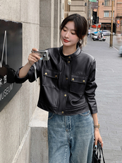 现货2024秋季新款单排扣休闲夹克皮外套203P130K198，女装短外套，浪娴服饰