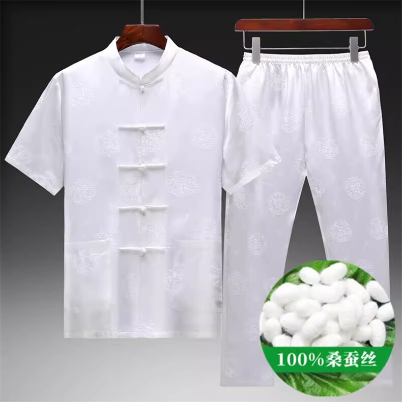 夏款高端唐装短袖长裤薄款绸缎两件套男休闲套装,男装T恤,钱塘6003B