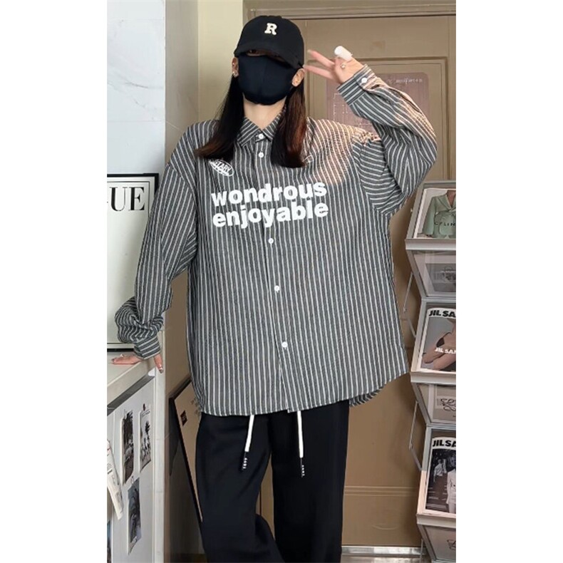 宽松百搭叠穿印花压皱条纹衬衫外套男女C2216-P47【特价】,男装衬衫,电商A007