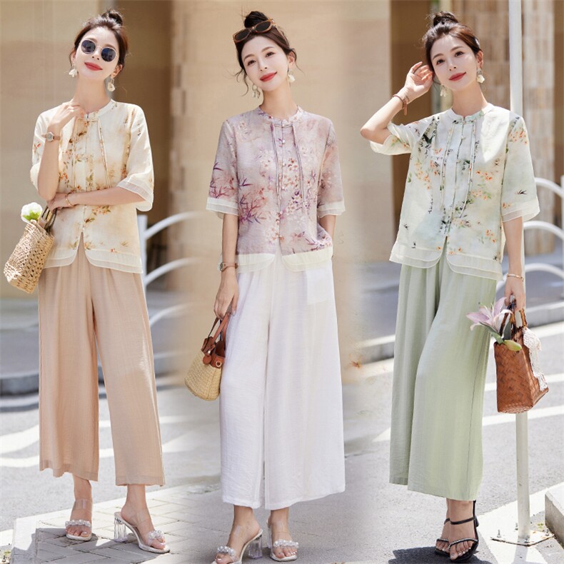 棉麻套装女装复古盘扣印花上衣2025新款夏季高端亚麻两件套阔腿裤，女装套装/套裙，阳光伊恋
