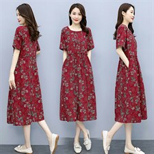 棉麻印花连衣裙女2022夏新款显瘦休闲中年女士中长款碎花亚麻裙子，女装连衣裙，超帛