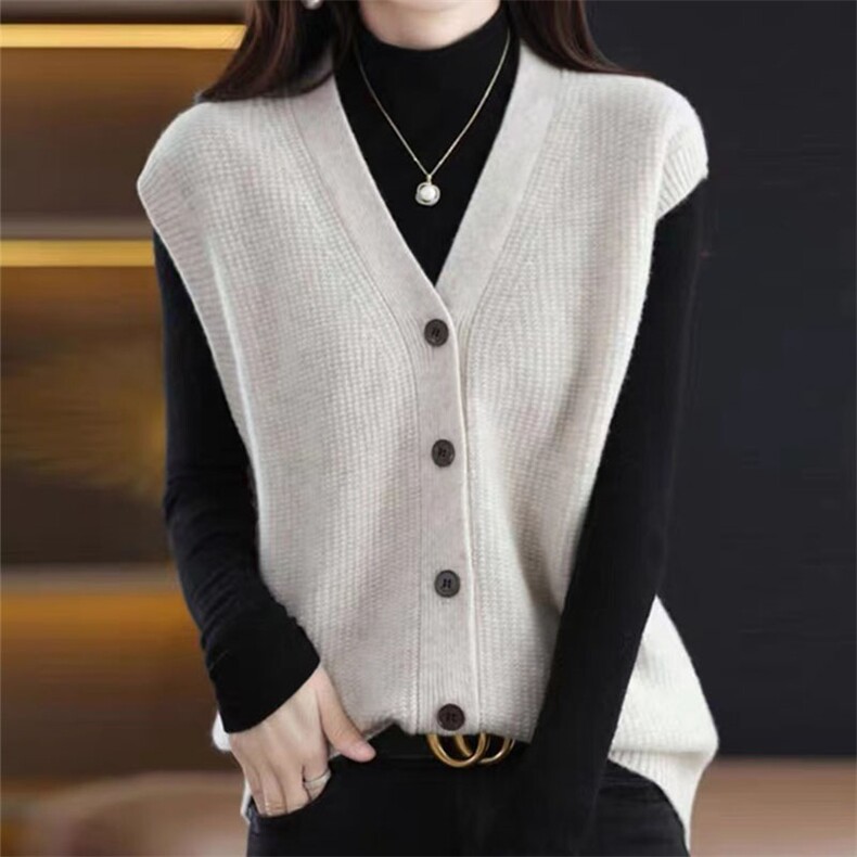 宽松外套无袖针织坎肩女开衫马甲2025年新款叠穿复古保暖外搭马夹,女装马甲,萱芳婷羊绒