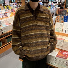 秋款男POLO领毛衣条纹拼色针织衫仿水貂外套M50P65，男装针织衫/毛衣，星座1013-1
