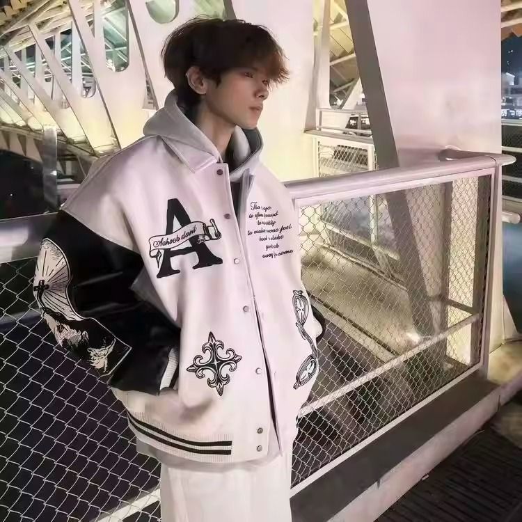 1506/QF8200/P80美式复古翻领重工刺绣棒球服外套男痞帅情侣夹克图片