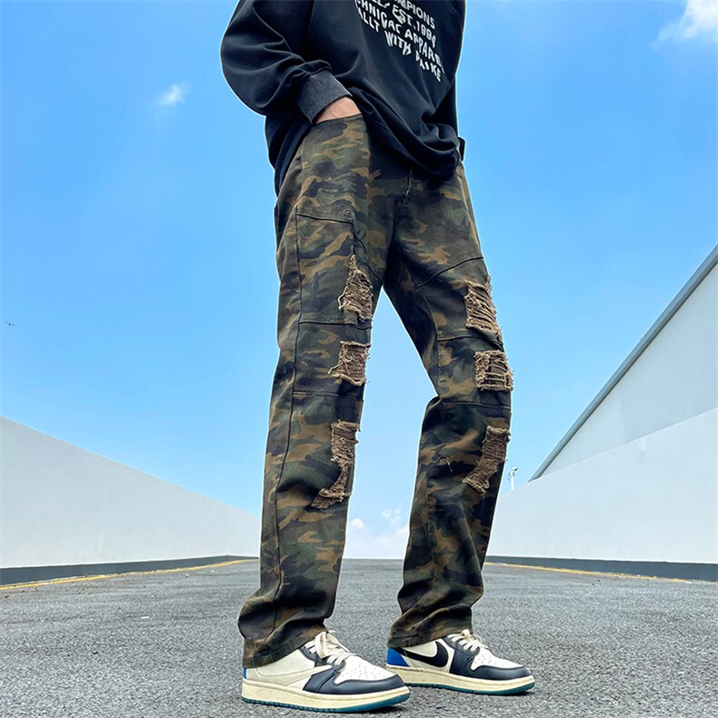 vibe潮高街破洞裤子美式街头vintage潮流复古做旧迷彩牛仔裤男,男装牛仔裤,星座410-7
