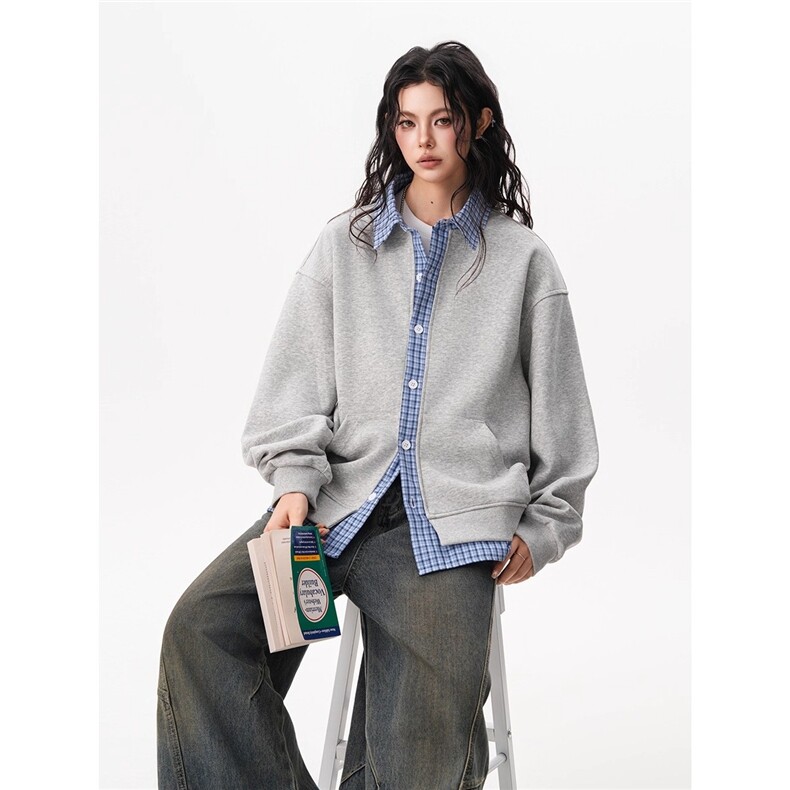 港风秋款假两件开衫卫衣男女宽松条纹格子外套WY32P50，女装短外套，星座1013-1