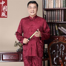 新款中老年唐装男长袖爸爸春秋套装丝绸爷爷风汉服，男装中老年男装，钱塘723