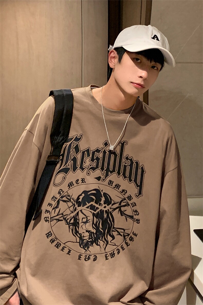 HQT1285-TP25控价38新款2022潮牌印花宽松港风男士长袖T恤秋,男装T恤,电商A102-1