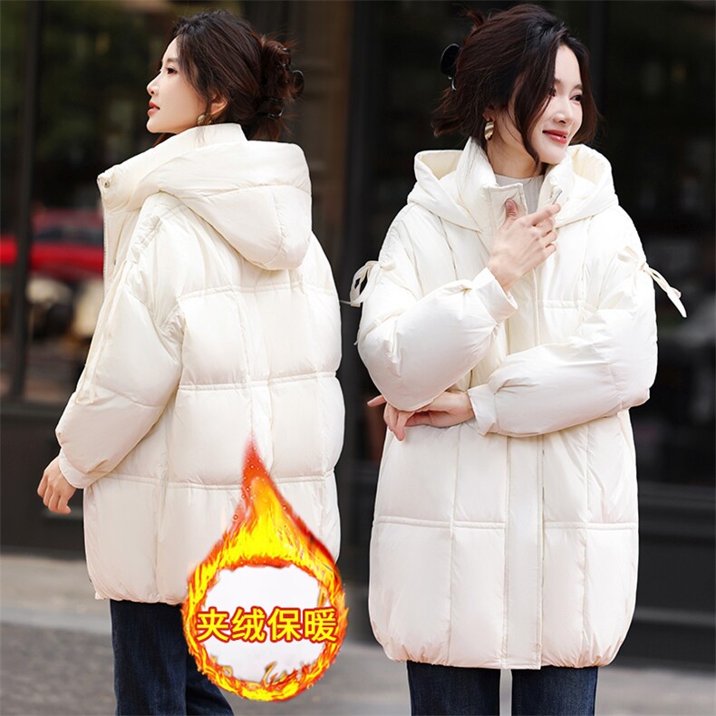 设计感白色羽绒服女中长款冬季连帽加厚茧型面包服时尚白鸭绒外套,女装羽绒服,丽影随形