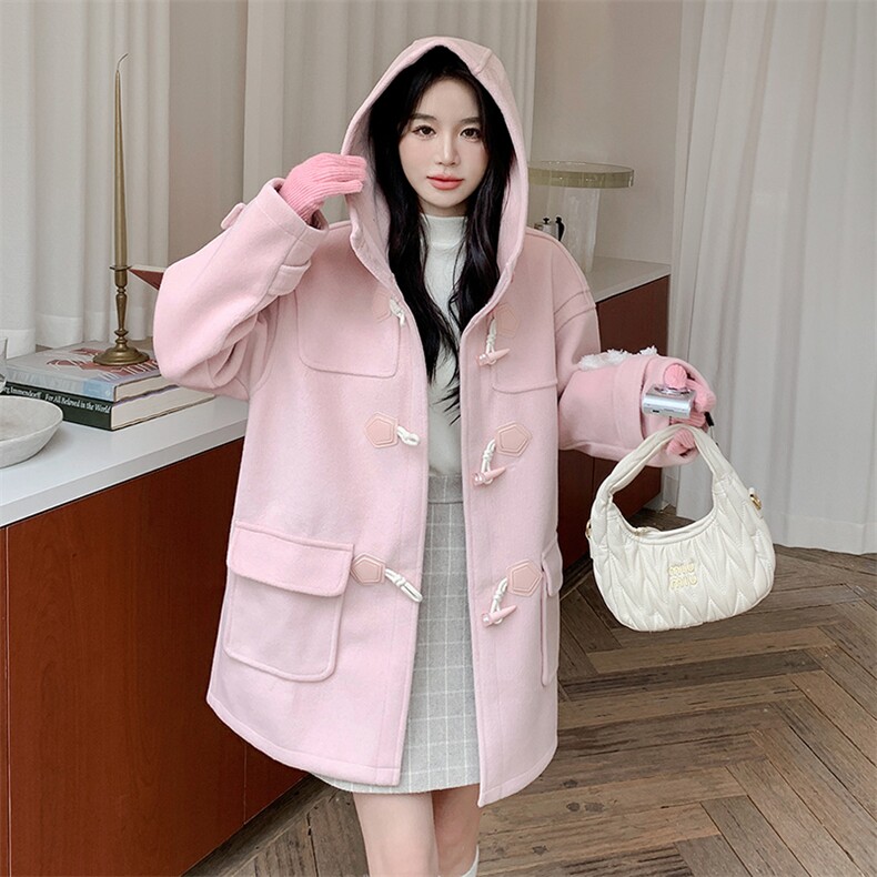 雪景甜美粉色牛角扣毛呢连帽外套（可拆卸玩偶）,女装毛呢外套,天使之佳话