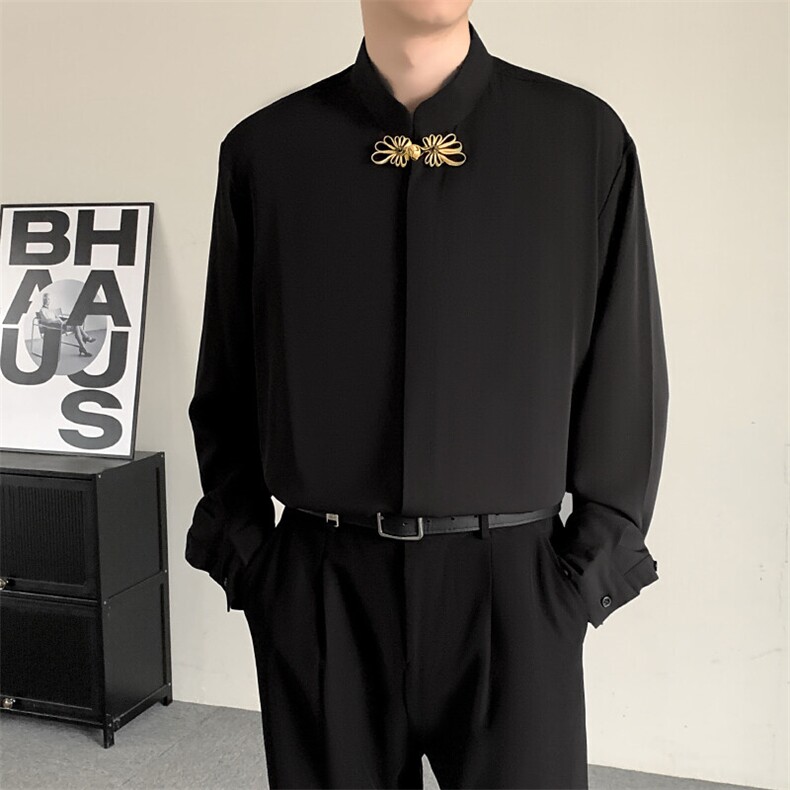 莫代尔衬衫男士结婚登记搭配影楼拍照长袖正装结婚黑色衬衣图片