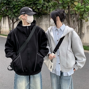抖音得物高品质秋冬美式高街重磅结构辑明线纹理连帽卫衣外套W111图片