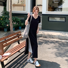 夏季新品设计感慵懒风假两件撞色T恤连衣裙2C2851806P125K1888，女装连衣裙，2C285