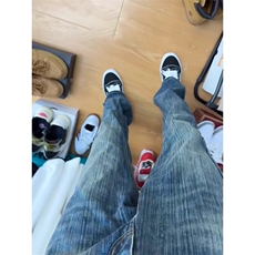 蓝色高腰竹节纹牛仔裤男高级感裤子美式高街vibe微喇裤KZ8027-P55，男装牛仔裤，星座1007（原301D）