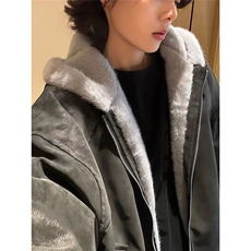 美式连帽皮毛一体棉服男款冬季加绒加厚皮衣棉衣外套YM6047特批90，男装皮衣，四季星座505