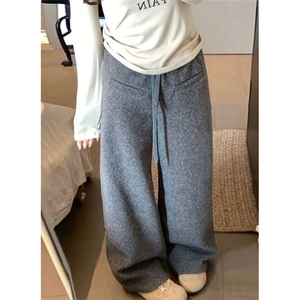 加绒加厚一字口袋毛呢休闲裤女秋冬宽松垂感休闲阔腿长裤 K3274图片