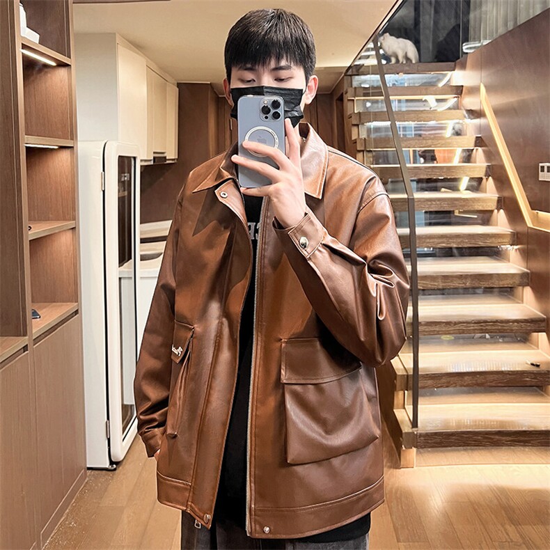 春季刺绣皮夹克工装情侣款皮衣机车外套潮流青年A266-PY007-P85，男装皮衣，电商A266