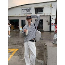 灰色V领针织衫男高级感复古polo衫潮牌宽松慵懒风长袖t恤，男装Polo衫，四季星座505