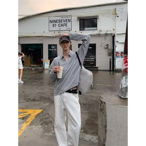 灰色V领针织衫男高级感复古polo衫潮牌宽松慵懒风长袖t恤图片