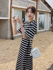新款现货条纹抽绳修身连衣裙212A-610-P100-155，女装连衣裙，浙宝212A
