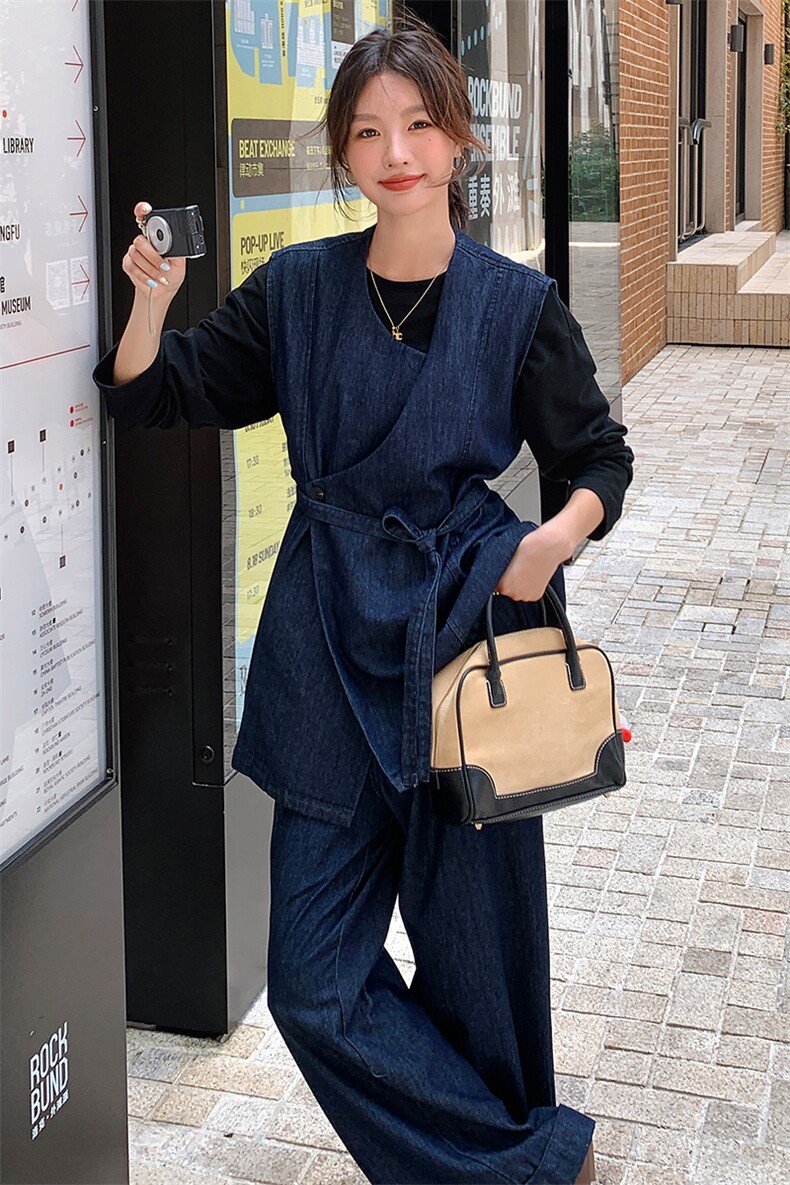 深蓝色不规则松弛感牛仔马甲套装女秋季新款港风轻熟阔腿裤两件套,女装套装/套裙,浙宝305