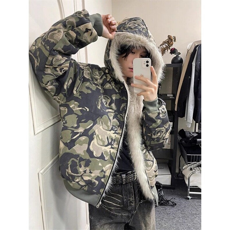 迷彩bomber夹克棉服男生冬季美式复古毛领连帽座山雕加厚外套棉衣图片