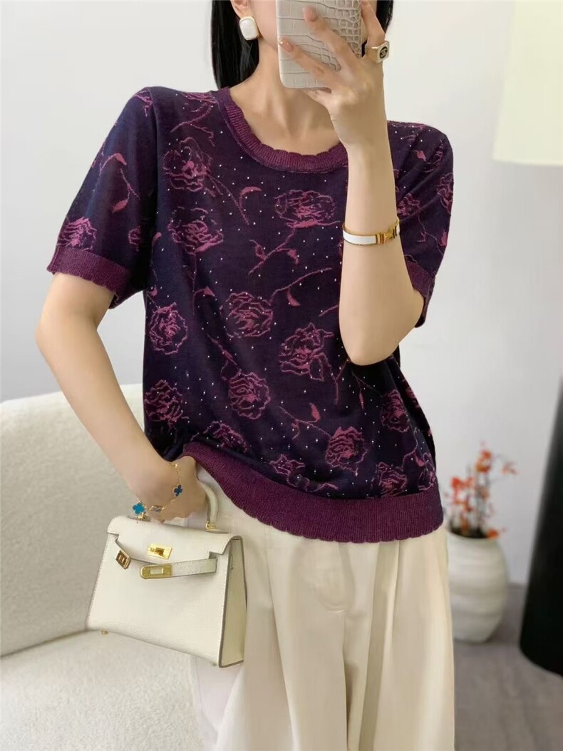 2025百搭时尚简约天丝莱赛尔玫瑰嵌花烫钻圆领，女装针织衫/毛衣，晨旭羊绒