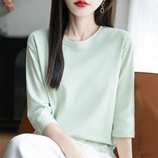 夏季新款七分袖女圆领纯棉t恤宽松百搭薄款内搭半袖打底衫上衣，女装T恤，羊秋羊绒
