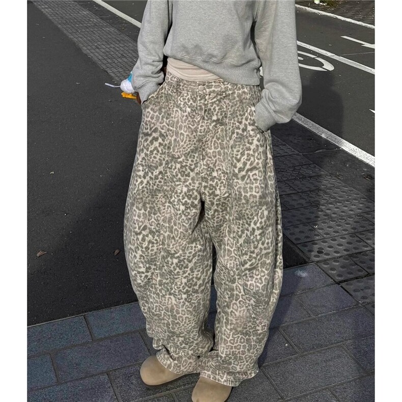 美式豹纹直筒裤男女复古潮牌小众休闲裤废土风宽松显瘦裤子N15044,男装休闲裤,星座601-1
